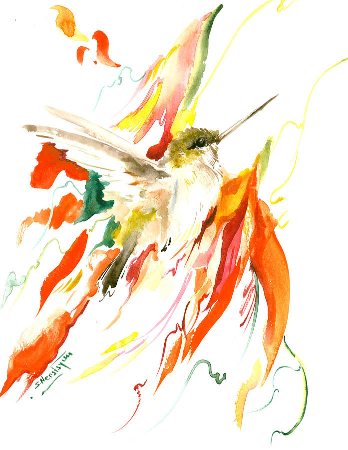 Hummingbird and Flame colored Flowers Painting by Suren Nersisyan