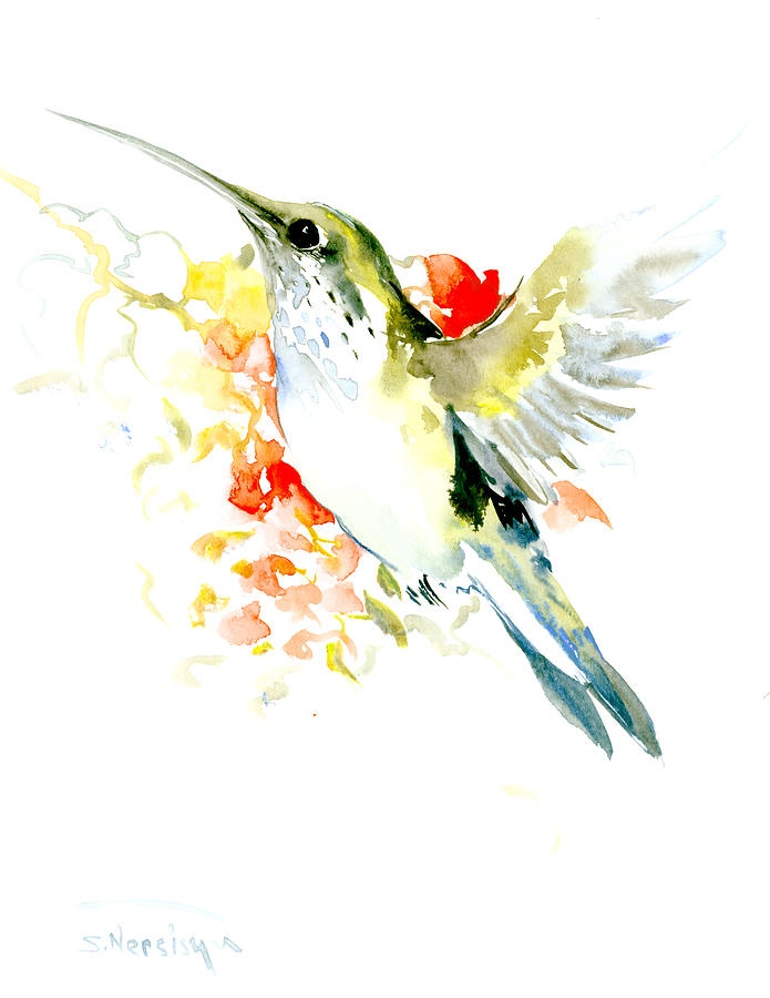 Hummingbird Painting - Hummingbird and Flowers by Suren Nersisyan
