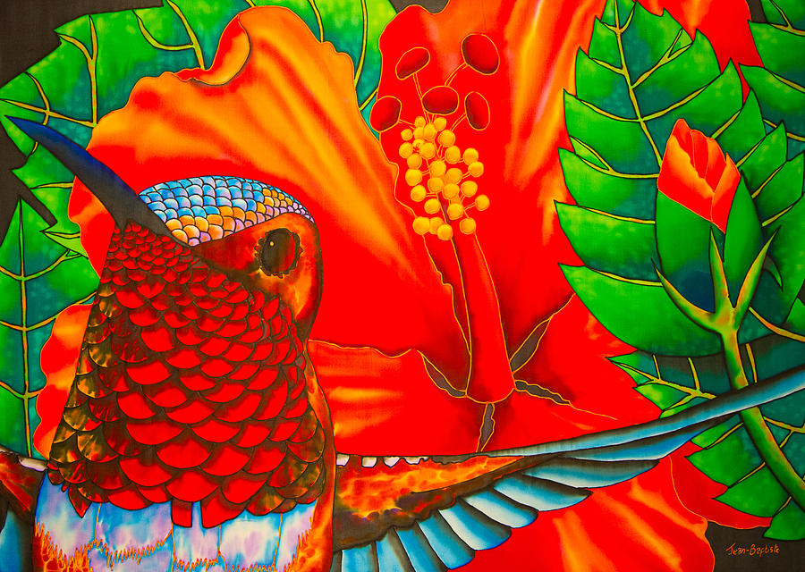 Hummingbird and  Hibiscus - Exotic Bird Painting by Daniel Jean-Baptiste