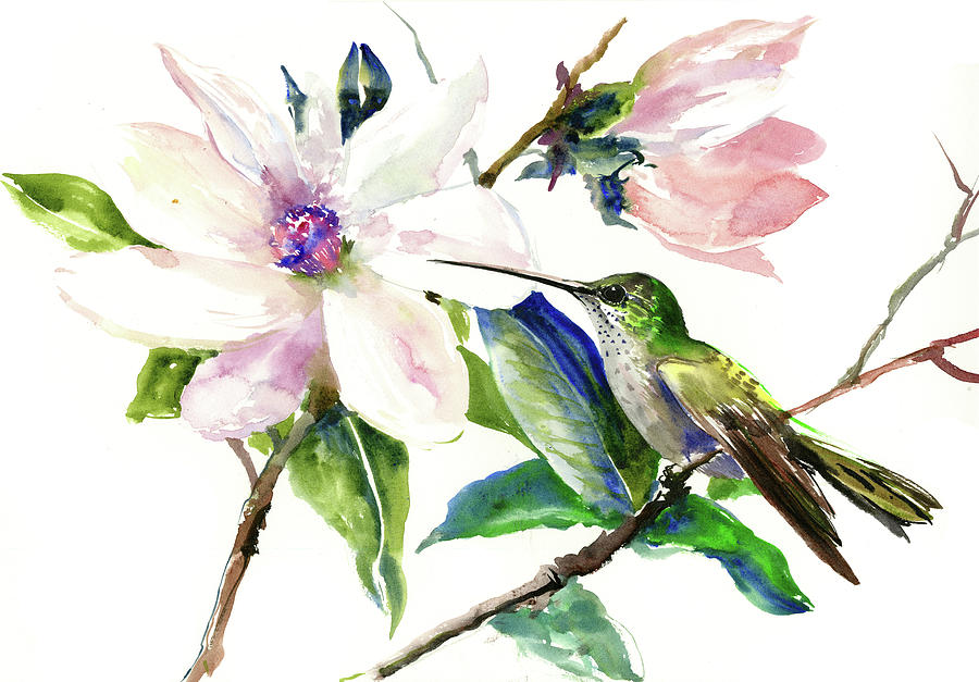 Hummingbird and Magnolia Flower Painting by Suren Nersisyan