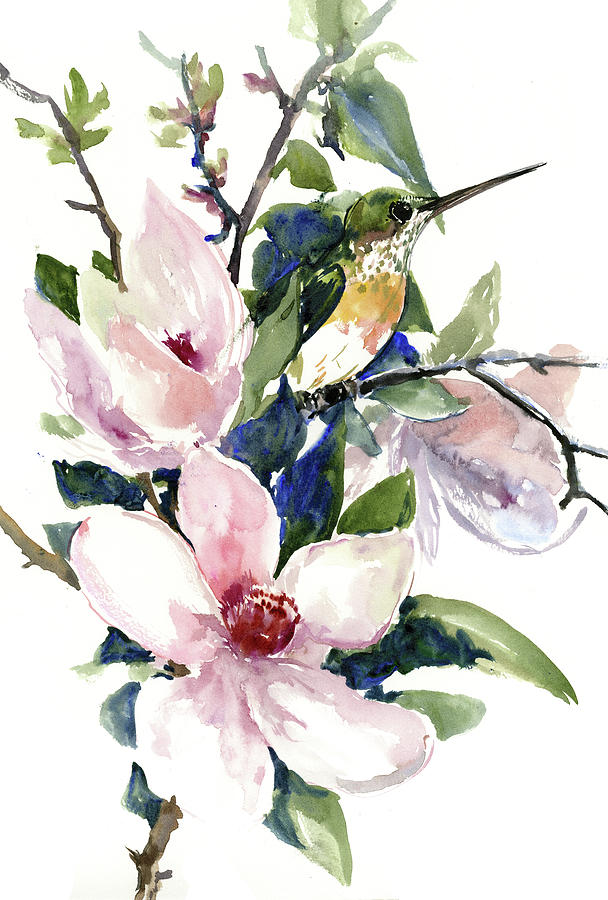 Hummingbird and Magnolia Flowers Painting by Suren Nersisyan