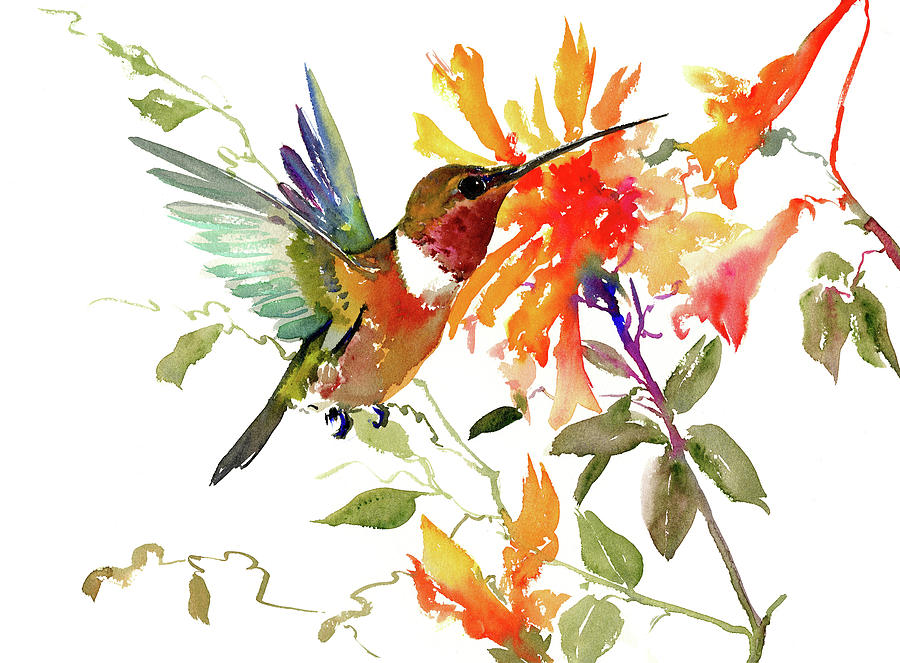 Hummingbird and Orange Flowers Painting by Suren Nersisyan