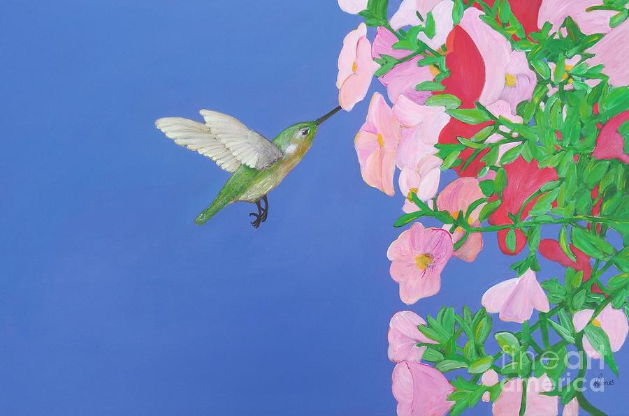 Hummingbird and Petunias Painting by Karen Jane Jones