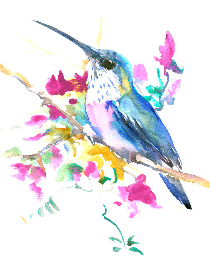 Hummingbird and Pink Purple Flowers Painting by Suren Nersisyan
