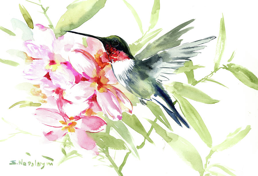 Hummingbird and Plumeria Painting by Suren Nersisyan