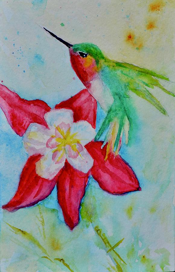 Hummingbird And Red Columbine Painting by Beverley Harper Tinsley
