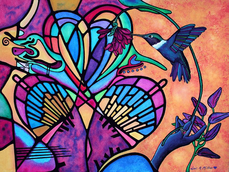 Hummingbird and Stained Glass Hearts Painting by Lori Miller