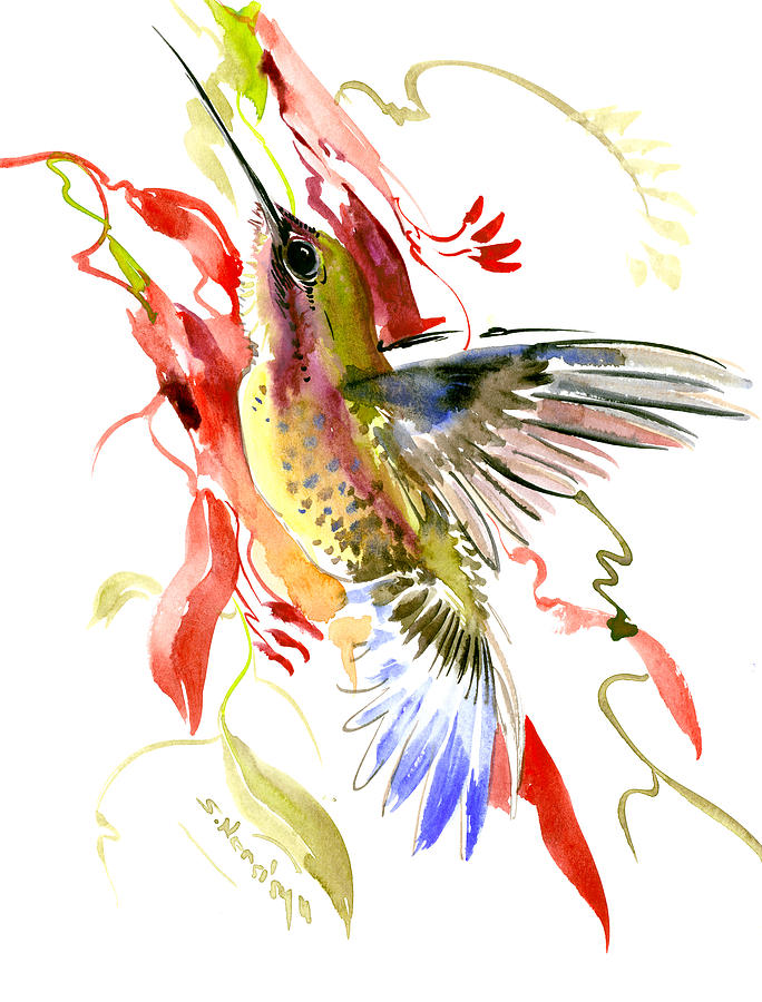 Hummingbird and Tropical Plants Painting by Suren Nersisyan