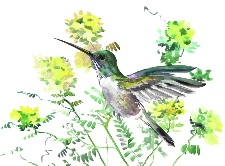 Hummingbird and Yellow Flowers Painting by Suren Nersisyan