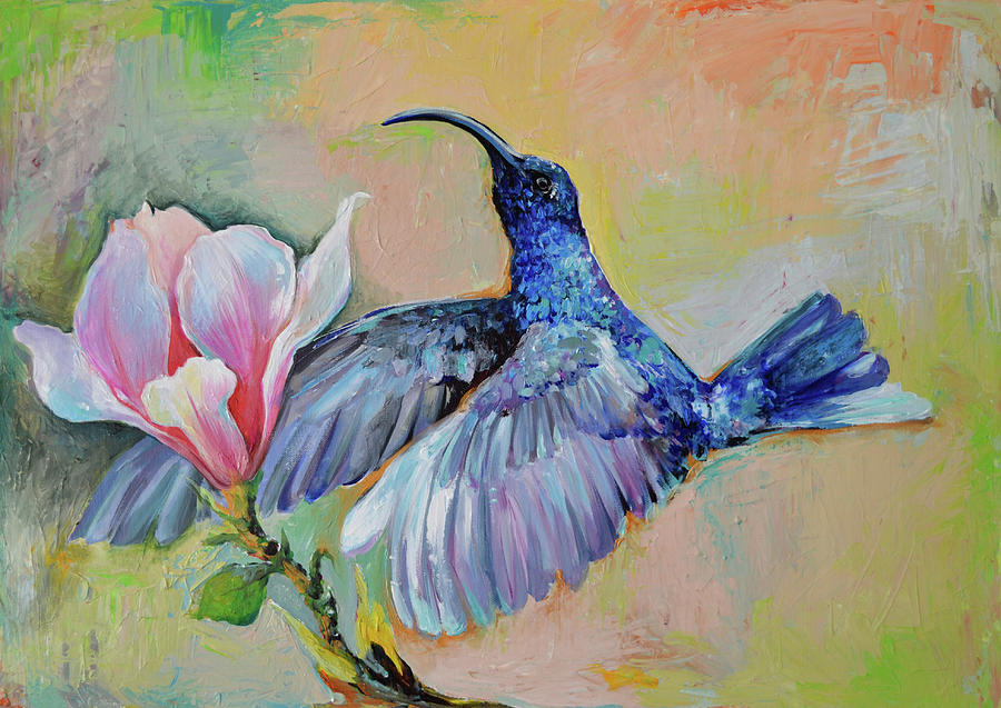 Hummingbird Hug - Blue Hummingbird and Magnolia Flowers Painting Painting by Soos Roxana Gabriela
