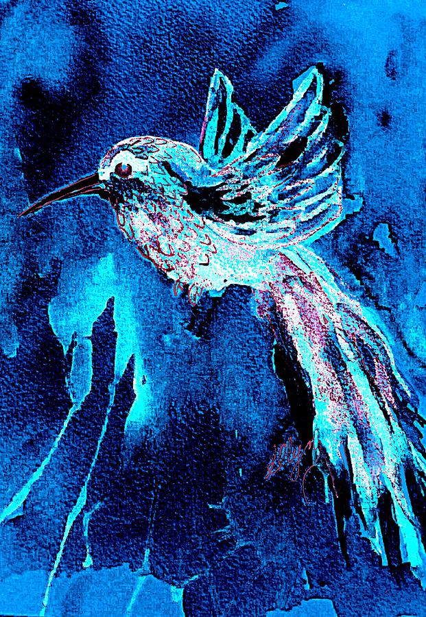 Hummingbird Midnight Blues Painting by Ellen Levinson