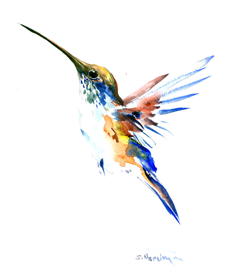 Hummingbird Painting - Hummingbird olive green, blue by Suren Nersisyan