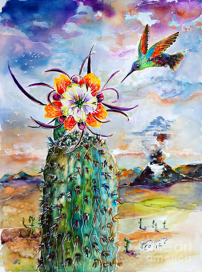 Hummingbird on Cactus Flower Watercolor  Painting by Ginette Callaway
