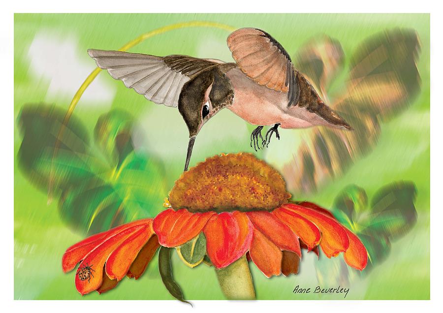Hummingbird on Flower Painting by Anne Beverley-Stamps