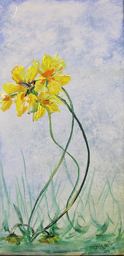 Hummingbird On Yellow Flower Painting by Gary Smith