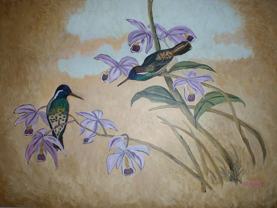 Hummingbird Painting - Hummingbird Orchids by Mia DeBolt