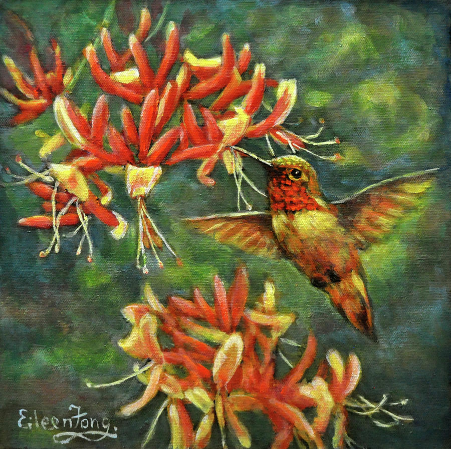Hummingbird with Honey Suckles Painting by Eileen  Fong