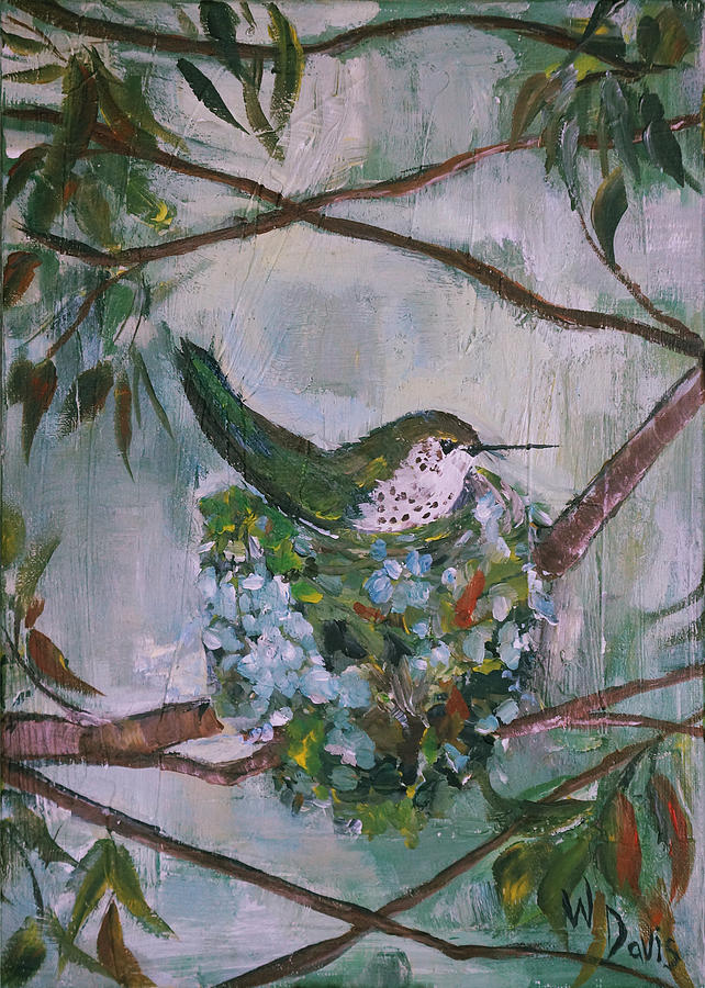 Hummingbird with Nest Painting by Wendy Michelle Davis