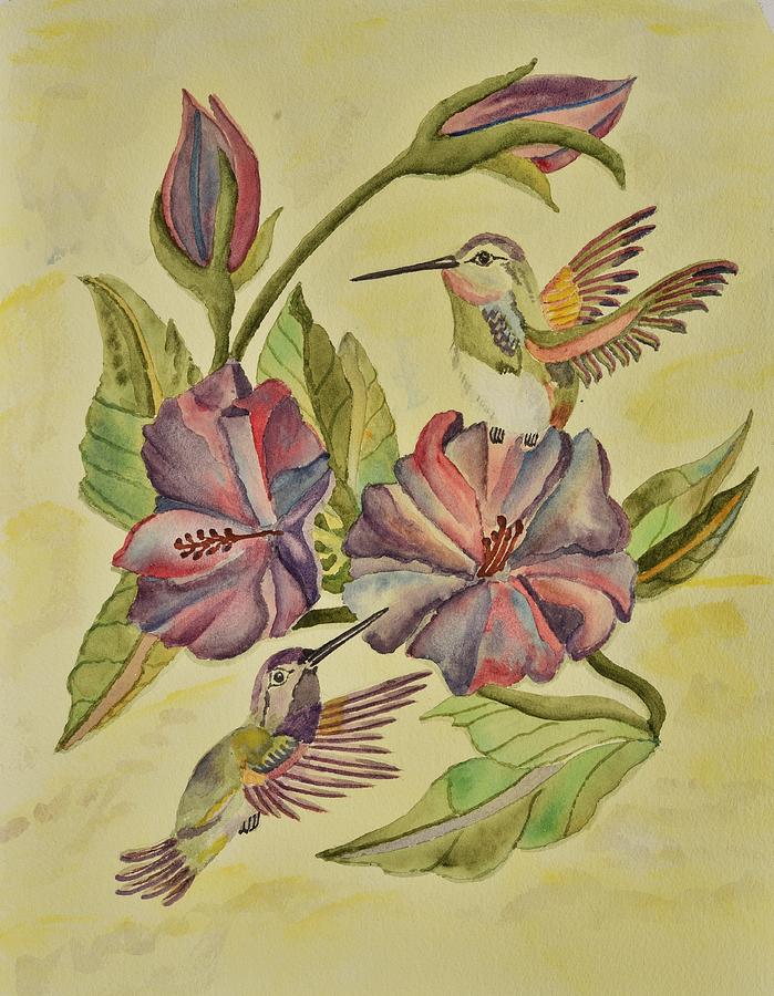 Hummingbirds and Hibiscus Painting by Linda Brody