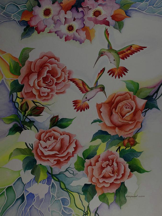 Rose Painting - Hummingbirds and Roses by Olive Pascual