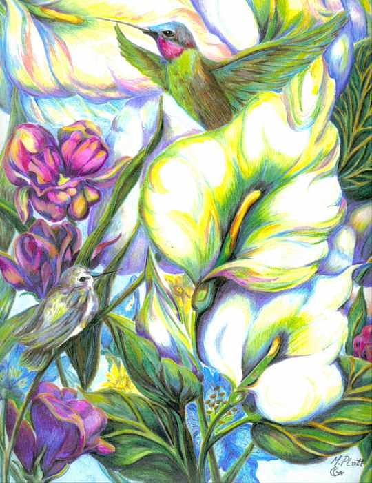 Floral Painting - Hummingbirds in Lillies by Margaret Platt Floral Painting - Hummingbirds in Lillies by Margaret Platt