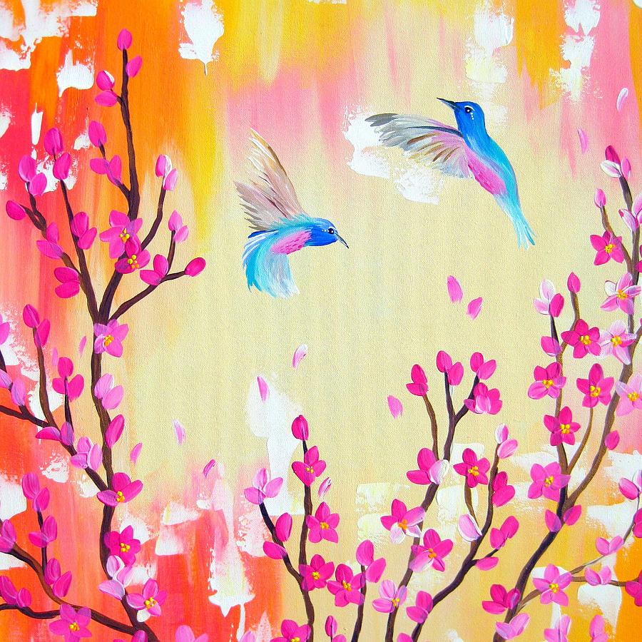 Hummingbirds With Pink And Yellow Painting