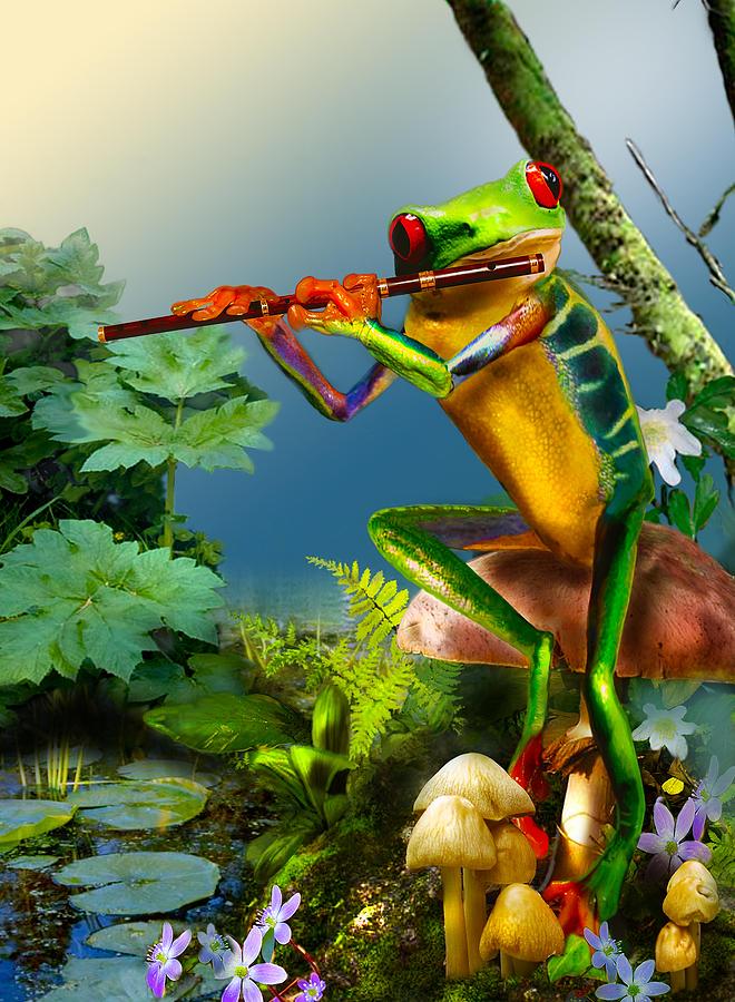 Humorous Tree Frog Playing The Flute Painting