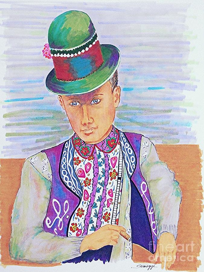 Hungarian Dandy with Cigar, 1930 -- Retro Colorful Portrait of Ethnic Man with Cigar Drawing by Jayne Somogy
