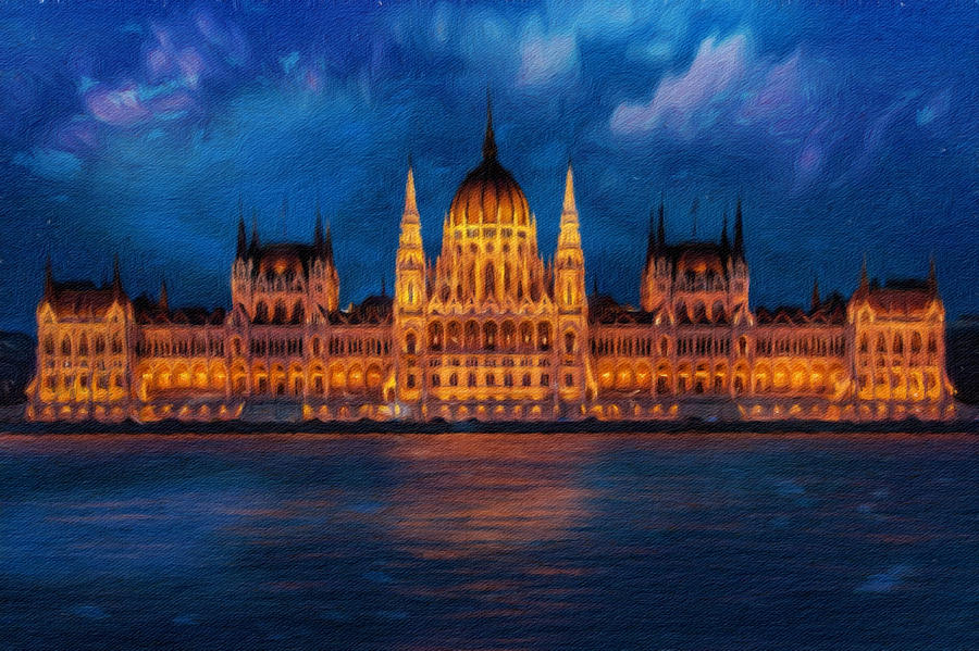 Hungarian Parliament at night Painting by Vincent Monozlay
