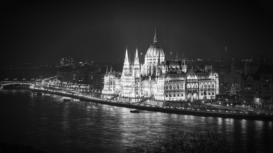 Architecture Photograph - Hungarian Parliament Night BW by Joan Carroll