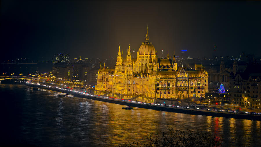 Hungarian Parliament Night Color Photograph by Joan Carroll