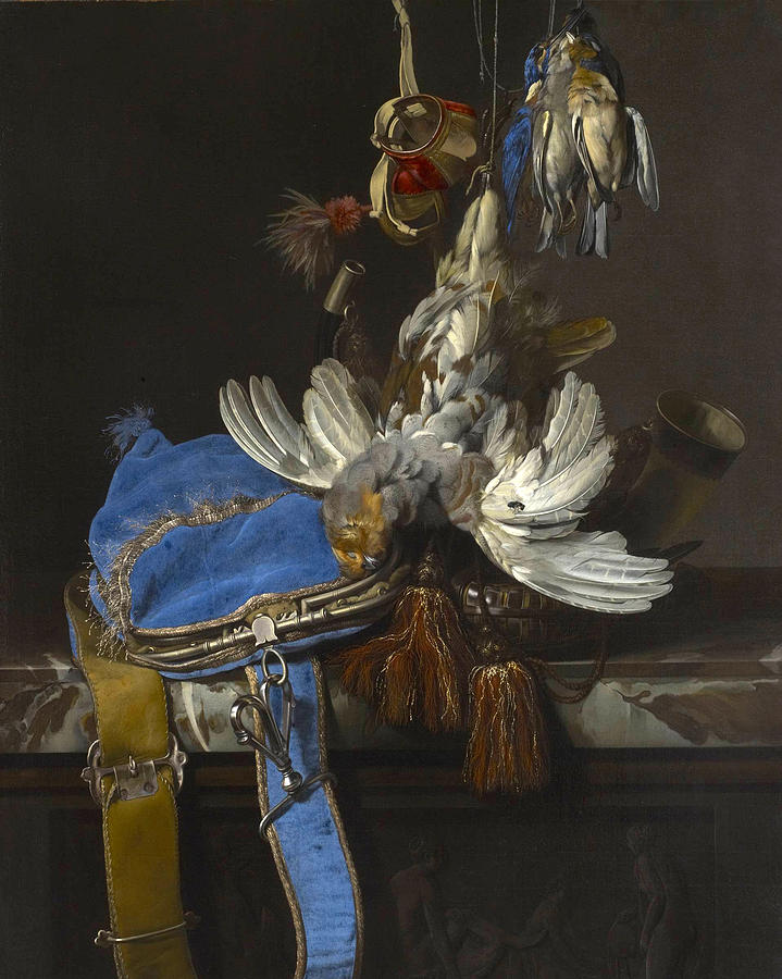 Hunt Still Life with a Velvet Bag on a Marble Ledge Painting by Willem van Aelst