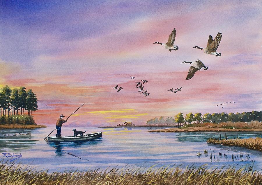 Canada Geese Painting - Hunter heads home by Raymond Edmonds