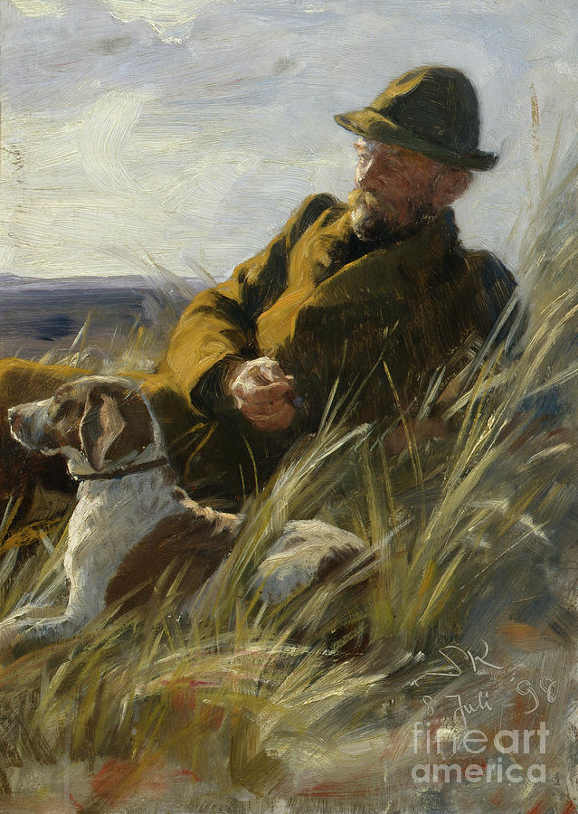 Hunter with dog Painting by O Vaering