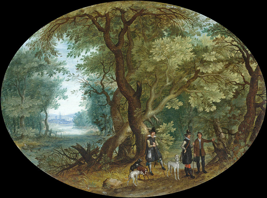 Hunters with their Dogs in a wooded Landscape Painting by Isaac van Oosten