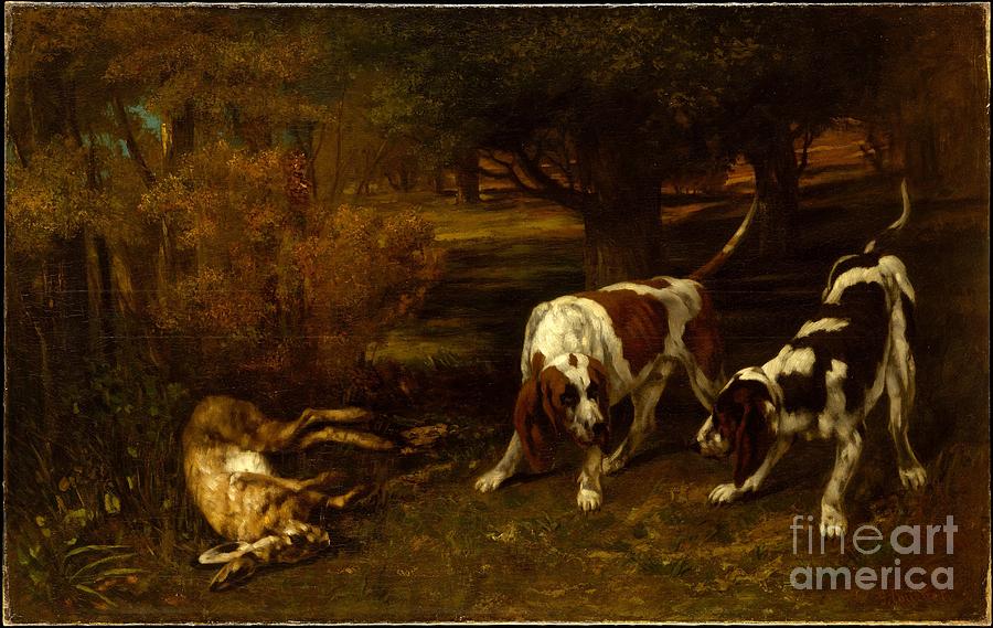 Gustave Courbet  Painting - Hunting Dogs with Dead Hare by Celestial Images