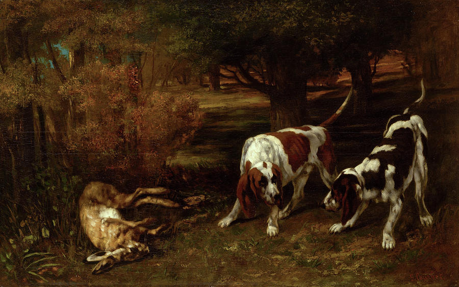 Gustave Courbet  Painting - Hunting Dogs with Dead Hare by Gustave Courbet