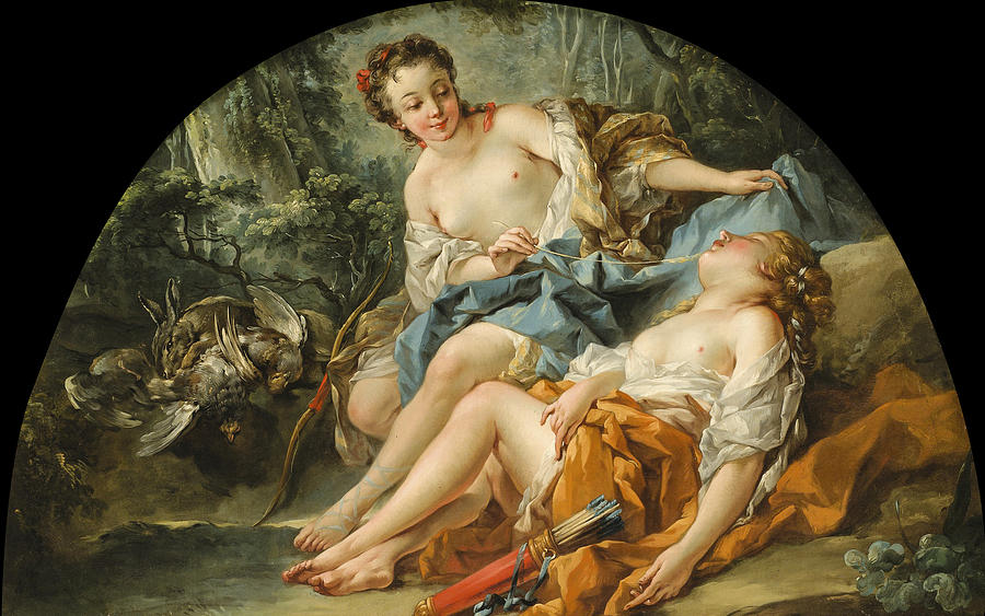 Hunting Nymphs Painting by Attributed to Francois Boucher