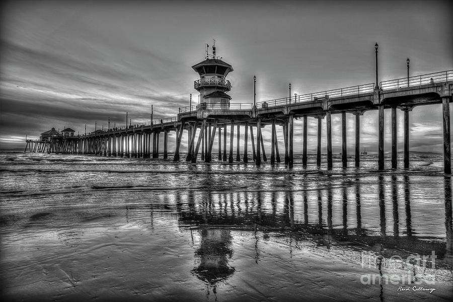 Huntington Beach Pier B W Sunset Reflections California Surfing Mecca Art Photograph by Reid Callaway