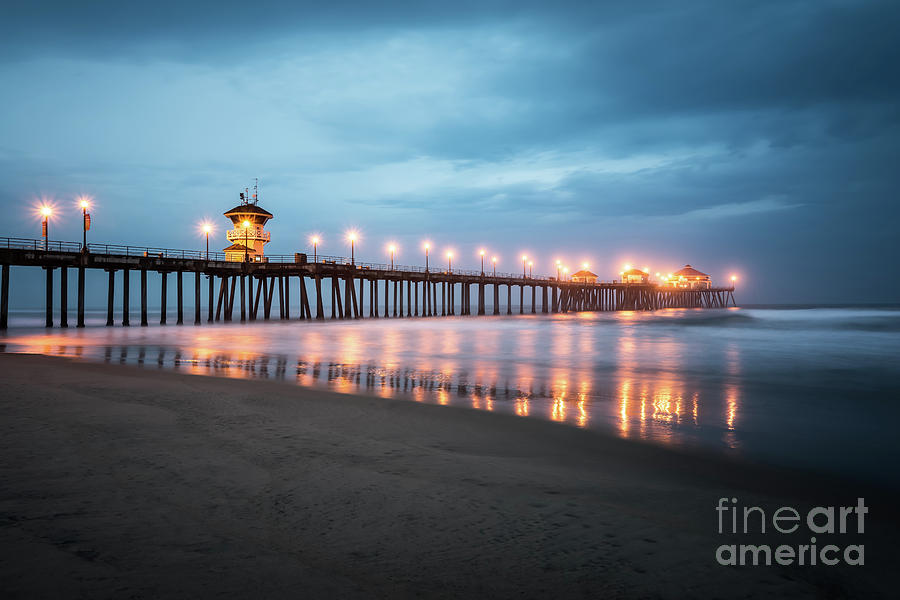 Huntington Beach Pier Night Storm Clouds Photograph by Paul Velgos
