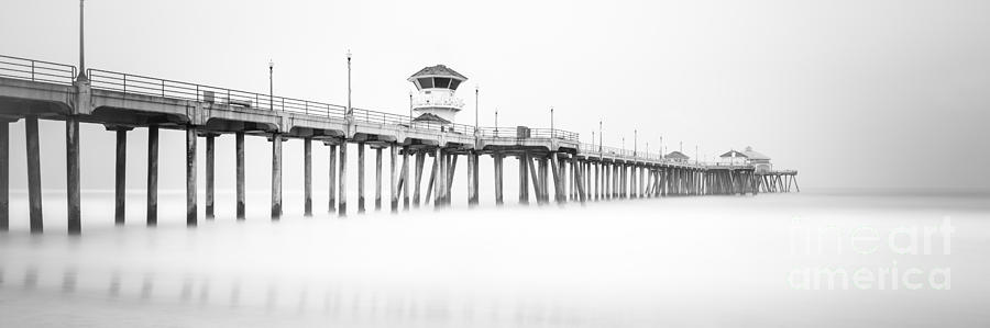 Huntington Beach Pier Panorama In Black And White Photograph