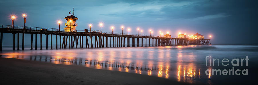 Huntington Beach Pier Stormy Night Panorama Photograph by Paul Velgos