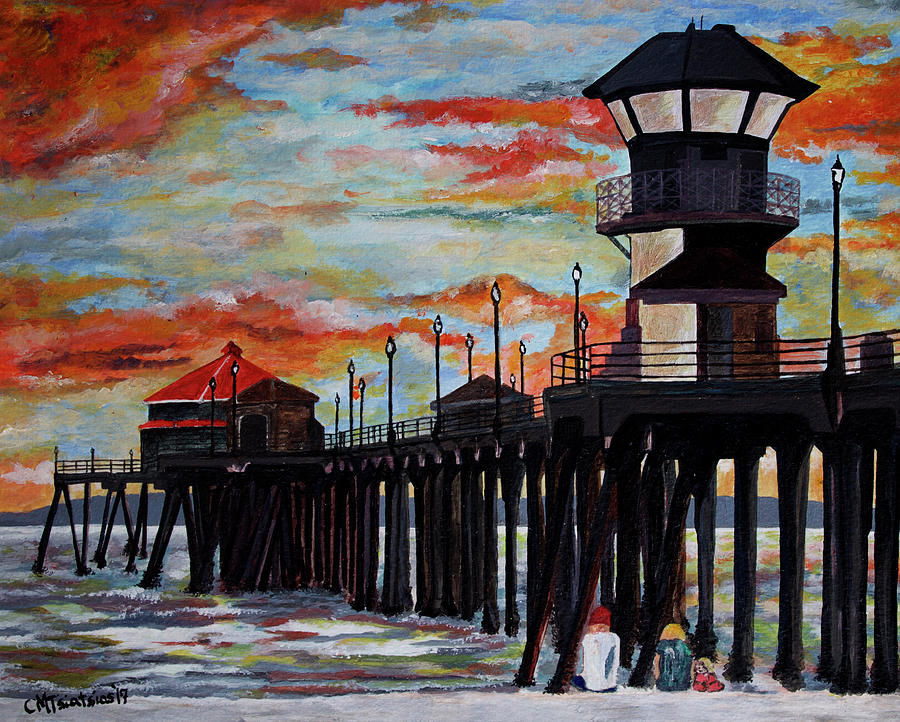 Huntington Beach Pier Sunset Painting by Carol Tsiatsios