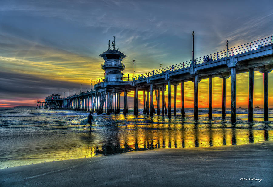 Huntington Beach Pier Sunset Reflections California Surfing Mecca Seascape Art Photograph by Reid Callaway