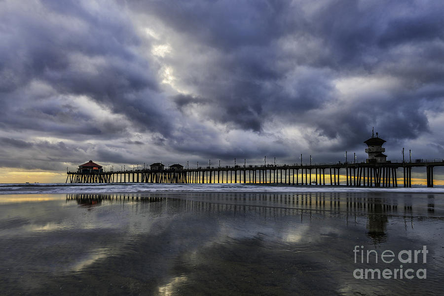 Huntington Beach Pier Sunset with Reflections Photograph by Peter Dang