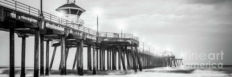 Huntington Pier Black and White Panoramic Picture Photograph by Paul Velgos