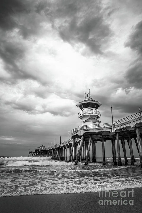 Huntington Pier Storm Clouds Black and White Photo Photograph by Paul Velgos