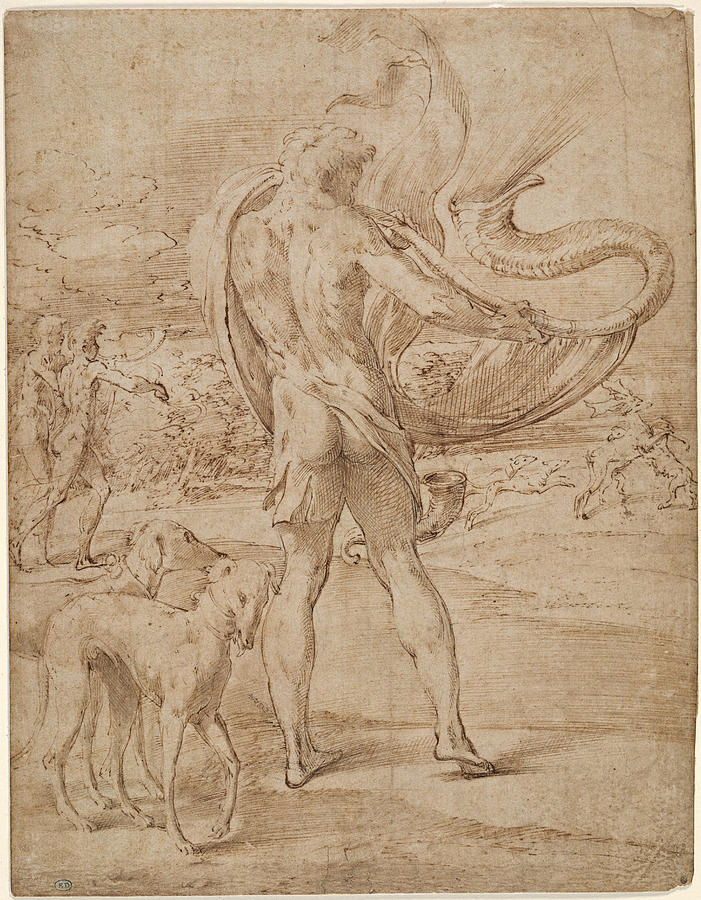 Huntsmen sounding his horn with a staghunt in the distance Drawing by Parmigianino