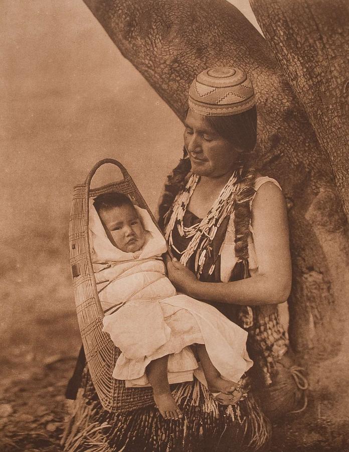 Feather Painting - Hupa Mother and Child c.1923 , Native American by Edward Sheriff Curtis, 1868 - 1952 by Celestial Images