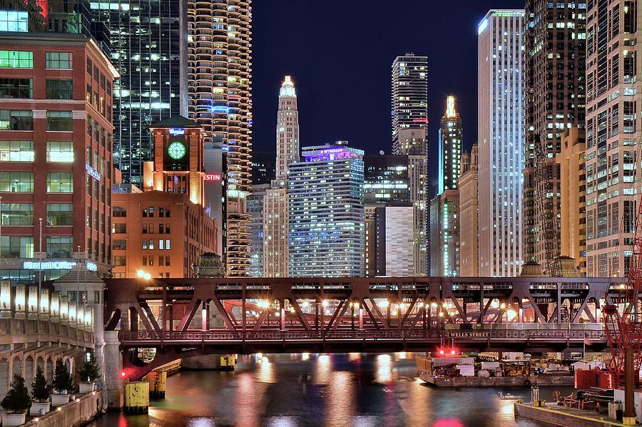 Chicago Photograph - Hustle and Bustle Night Lights in Chicago by Frozen in Time Fine Art Photography
